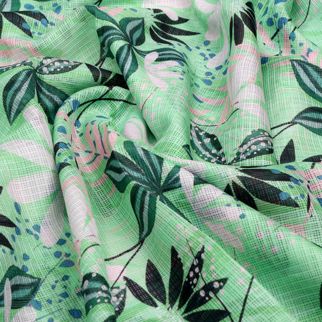 Gorgeous Floral and Leaves Printed Kota Doria Fabric Material