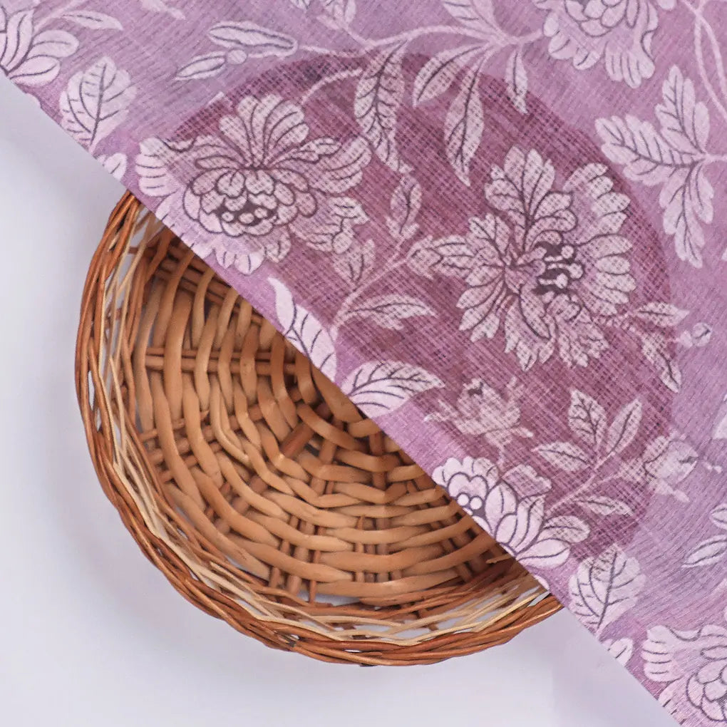 Gorgeous Kota Doria Digital Print Fabric with Purple and Cream Floral & Leaves Design – 470a0098copy