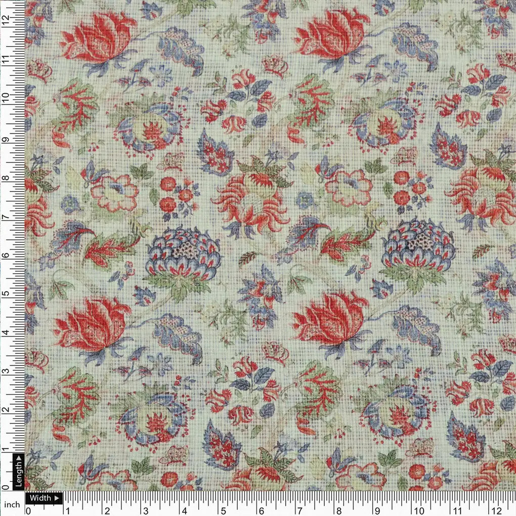 Gorgeous Floral and Leaf Digital Printed Kota Doria Fabric Material – 470a0116copy