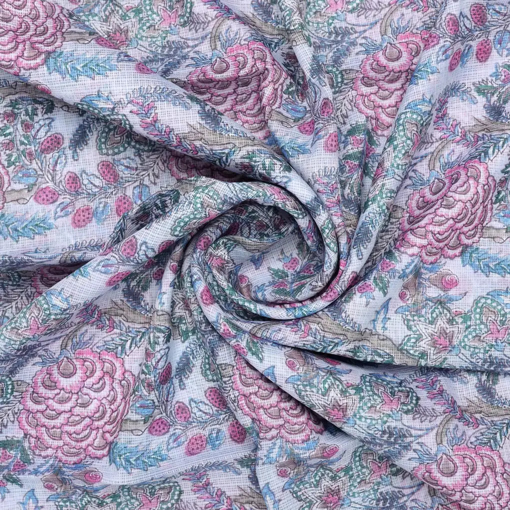 Classy Kota Doria Digital Print Fabric in Green and Pink – 470a0137copy
