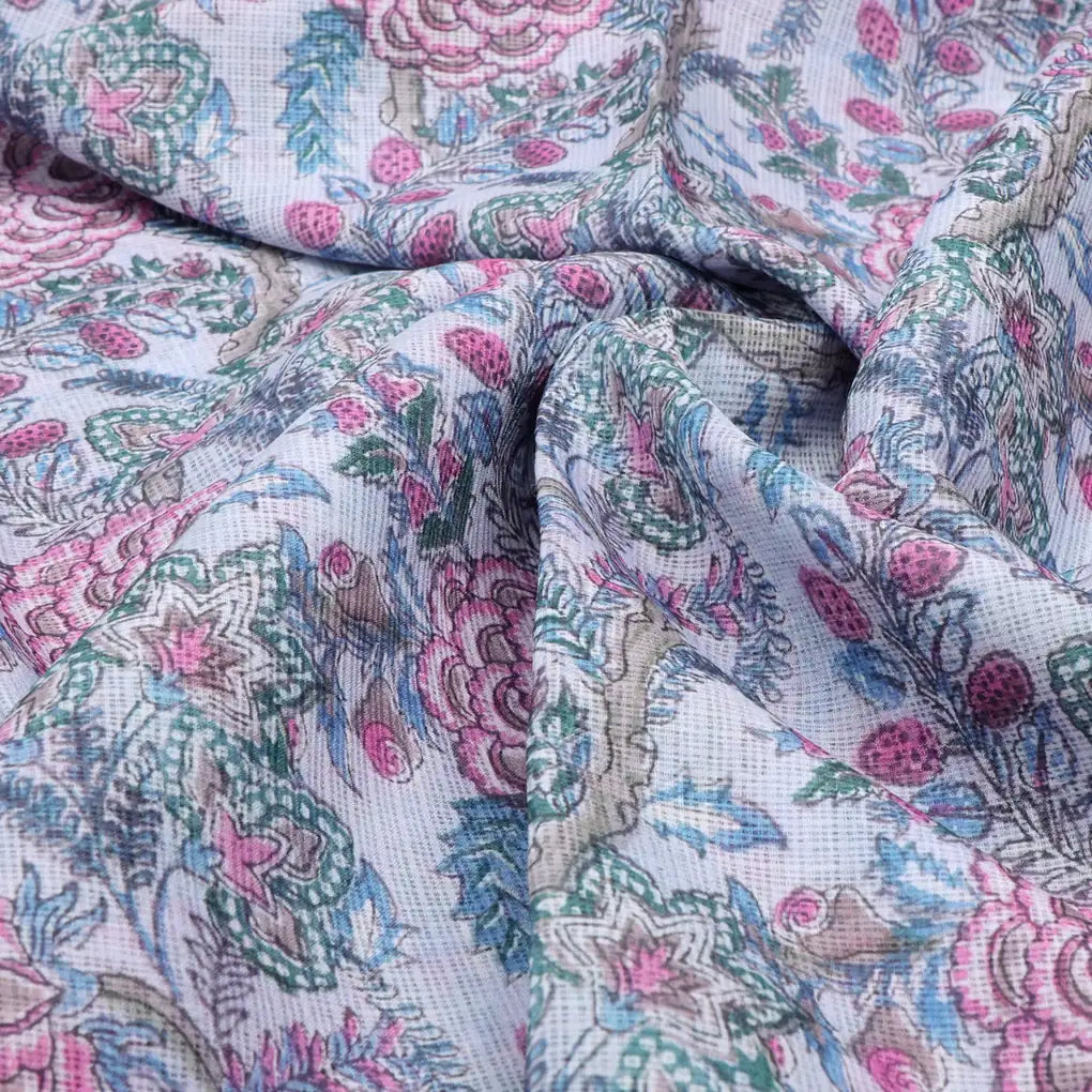 Classy Kota Doria Digital Print Fabric in Green and Pink – 470a0138copy