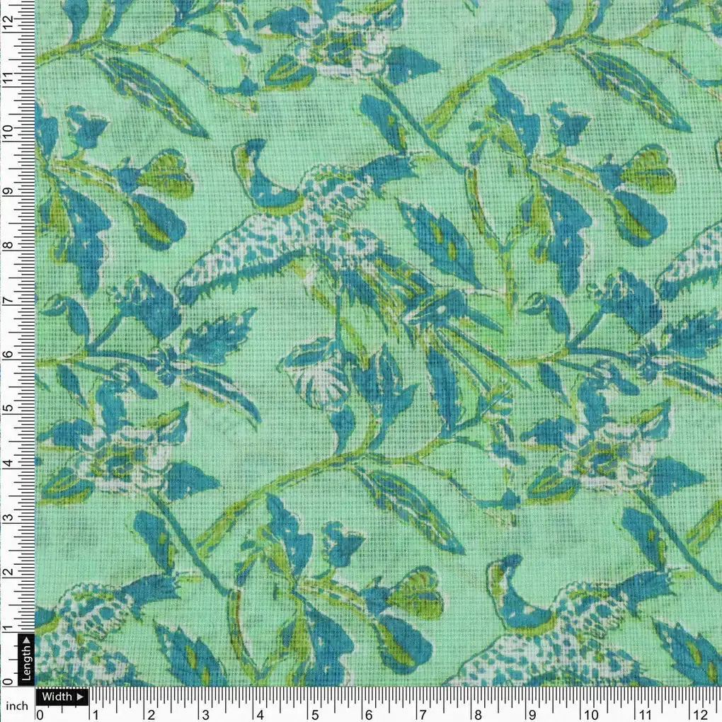 Gorgeous Green and Blue Bird Print Kota Doria Digital Printed Fabric – 470a0165copy