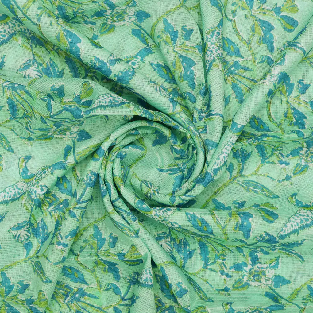 Gorgeous Green and Blue Bird Print Kota Doria Digital Printed Fabric – 470a0166copy