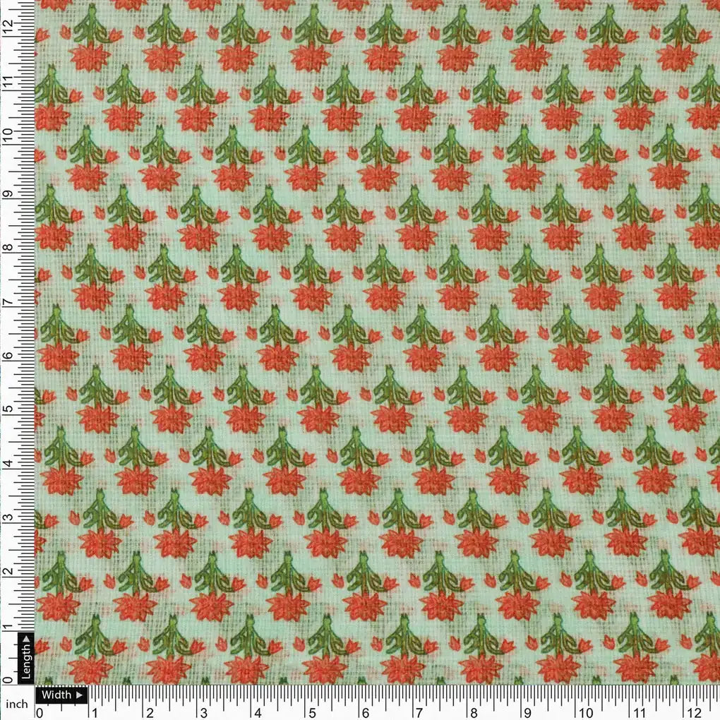Gorgeous Damask Floral Print in Green and Orange on Kota Doria Fabric Material – 470a0336copy