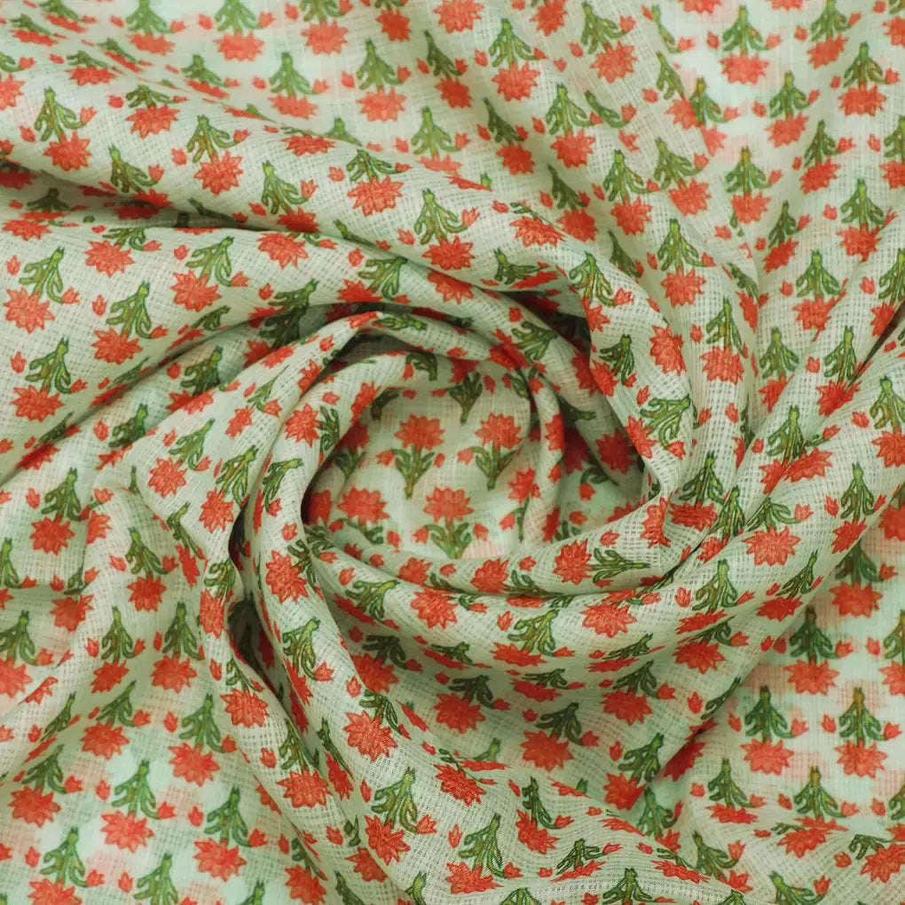 Gorgeous Damask Floral Print in Green and Orange on Kota Doria Fabric Material – 470a0338copy
