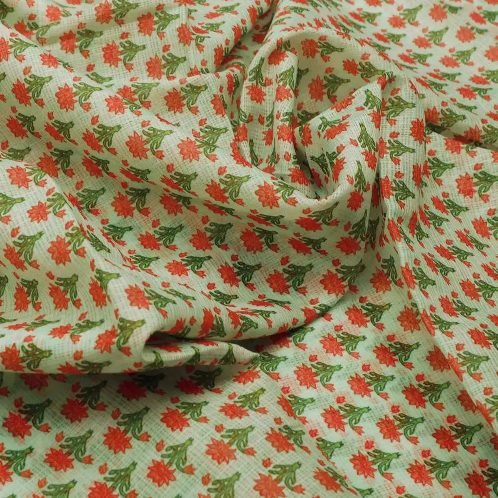 Gorgeous Damask Floral Print in Green and Orange on Kota Doria Fabric Material – 470a0339copy