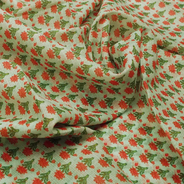 Gorgeous Damask Floral Print in Green and Orange on Kota Doria Fabric Material – 470a0339copy