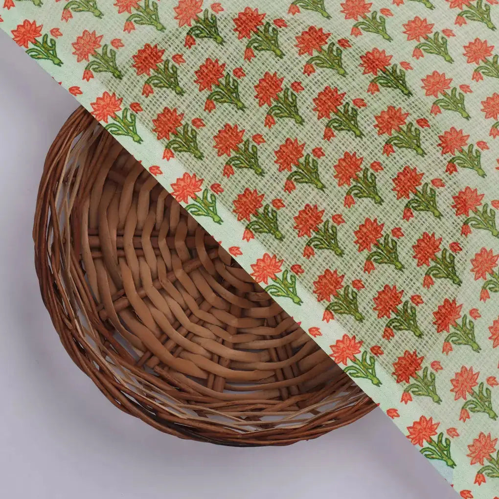 Gorgeous Damask Floral Print in Green and Orange on Kota Doria Fabric Material – 470a0340copy