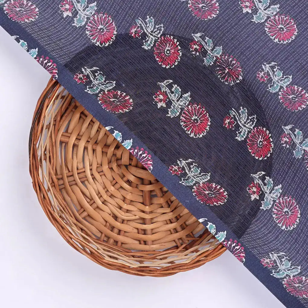 Classy Blue and Red Floral Print Kota Doria Digital Fabric Material – 470a0363copy