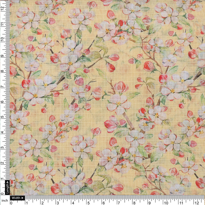 Kota Doria Fabric Material with Classy Floral Designs in Vibrant Yellow Color