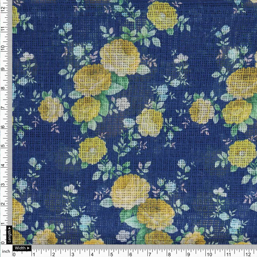 Gorgeous Ditsy Flower Bunch Digital Print on Classy Green-Yellow-Blue Kota Doria Fabric – 470a0392copy