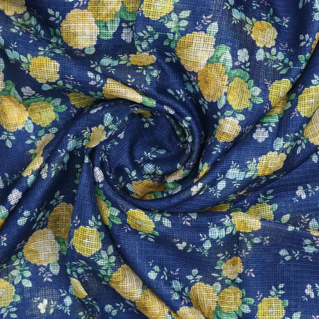 Gorgeous Ditsy Flower Bunch Digital Print on Classy Green-Yellow-Blue Kota Doria Fabric – 470a0393copy