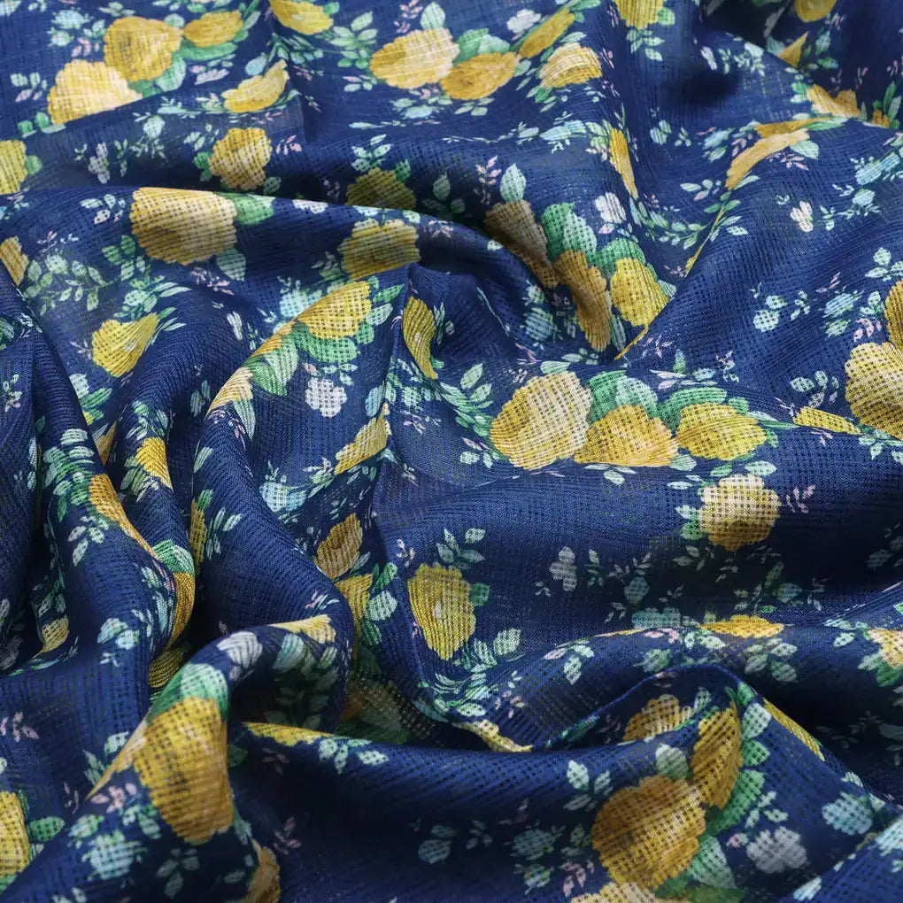 Gorgeous Ditsy Flower Bunch Digital Print on Classy Green-Yellow-Blue Kota Doria Fabric – 470a0394copy