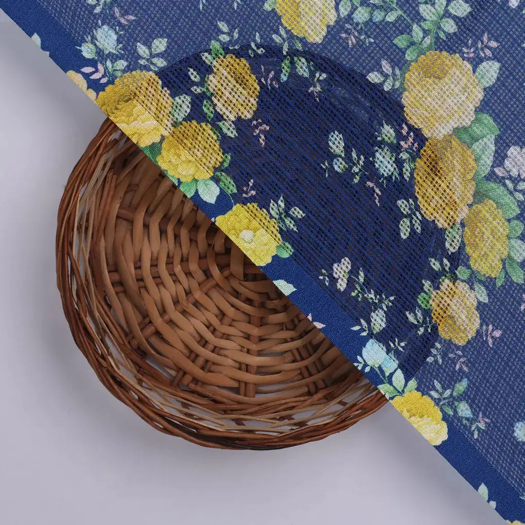 Gorgeous Ditsy Flower Bunch Digital Print on Classy Green-Yellow-Blue Kota Doria Fabric – 470a0395copy