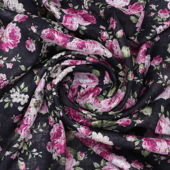 Gorgeous Pink and Black Floral Kota Doria Digital Fabric for Classy Outfits