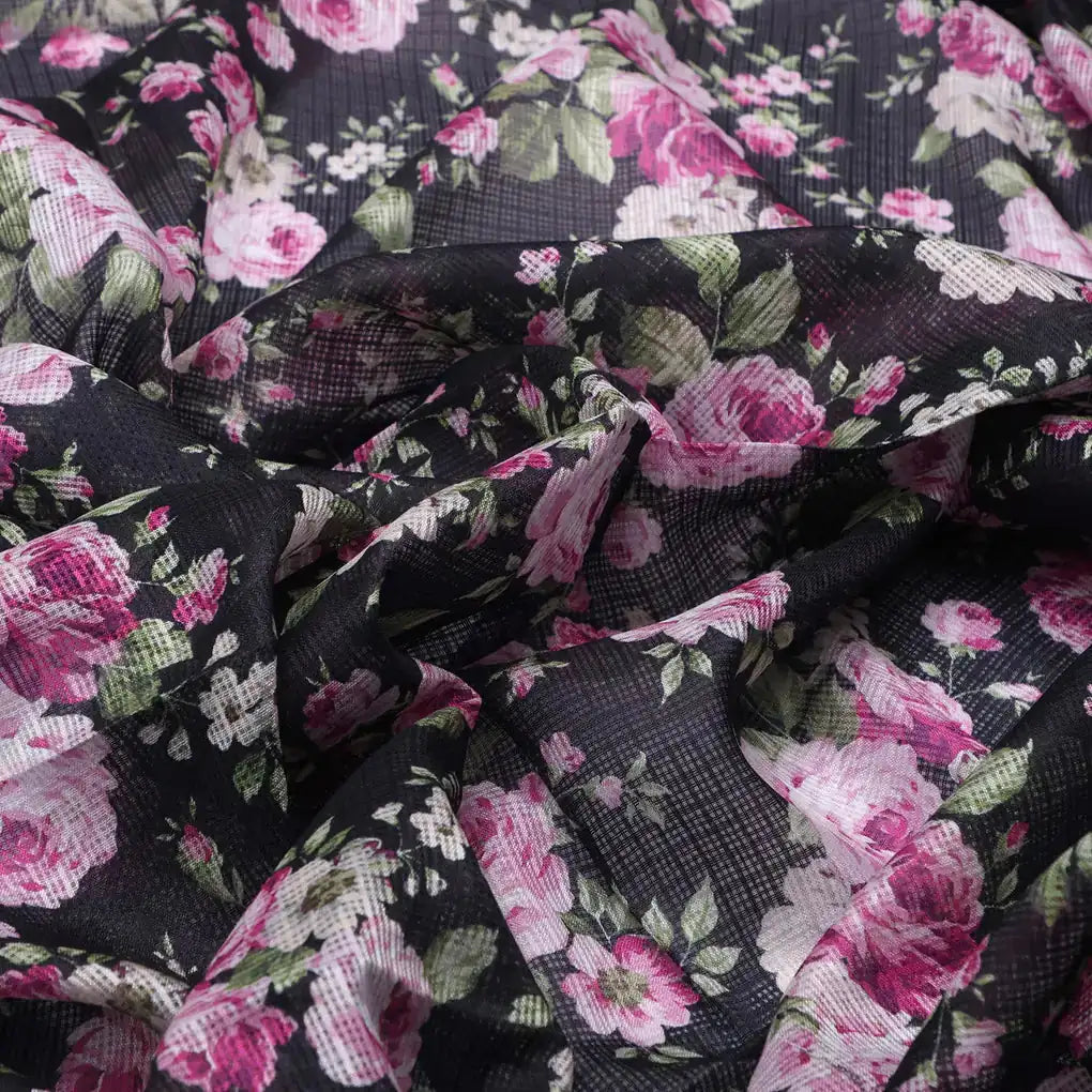 Gorgeous Pink and Black Floral Kota Doria Digital Fabric for Classy Outfits – 470a0421copy