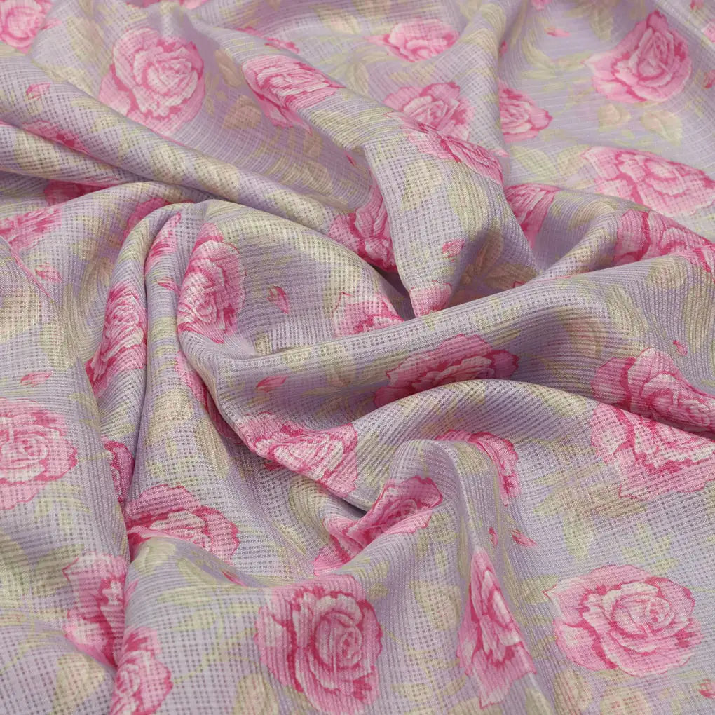 Alluring Purple and Pink Floral Kota Doria Digital Printed Fabric Material – 470a0426copy