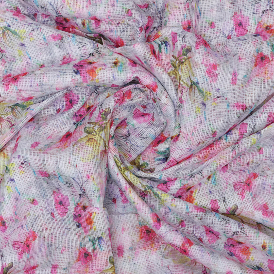Stunning Multicolor Flower Digital Print on Elegant Kota Doria Fabric Material