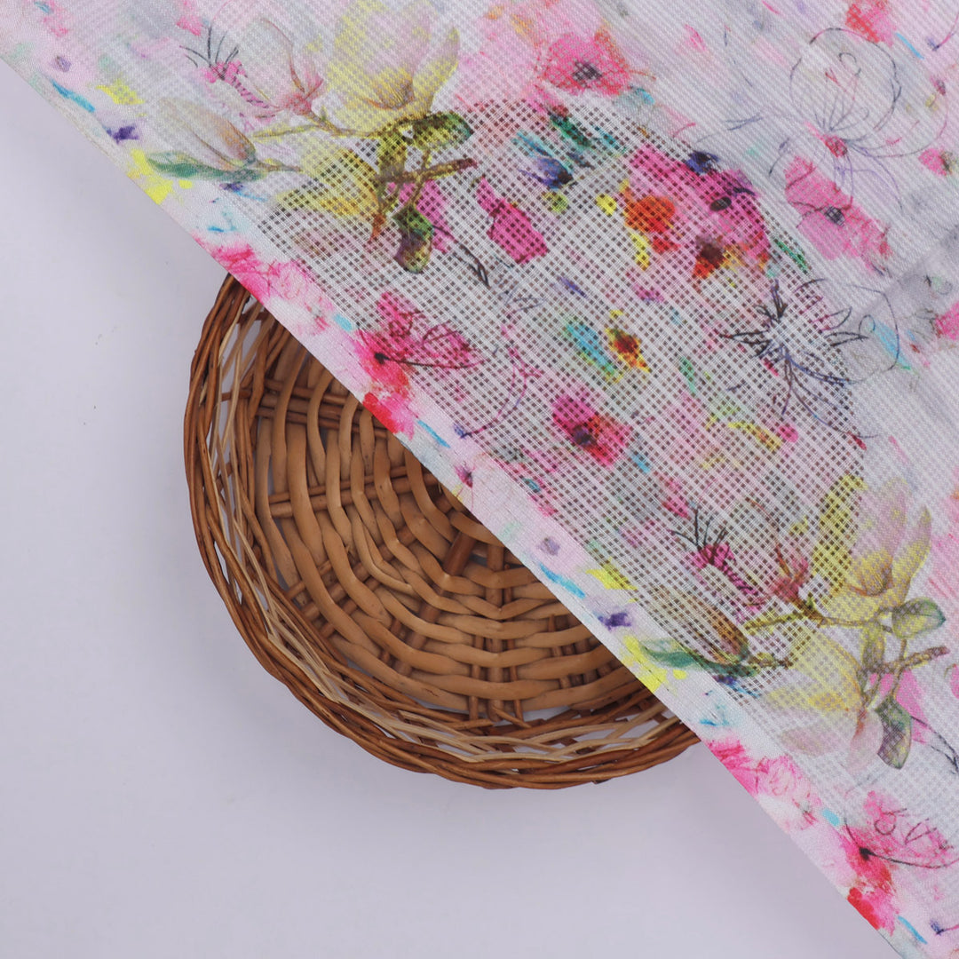 Stunning Multicolor Flower Digital Print on Elegant Kota Doria Fabric Material