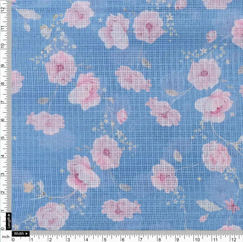 Gorgeous Floral Velly Kota Doria Digital Printed Fabric in Captivating Blue and Peach – 470a0503copy