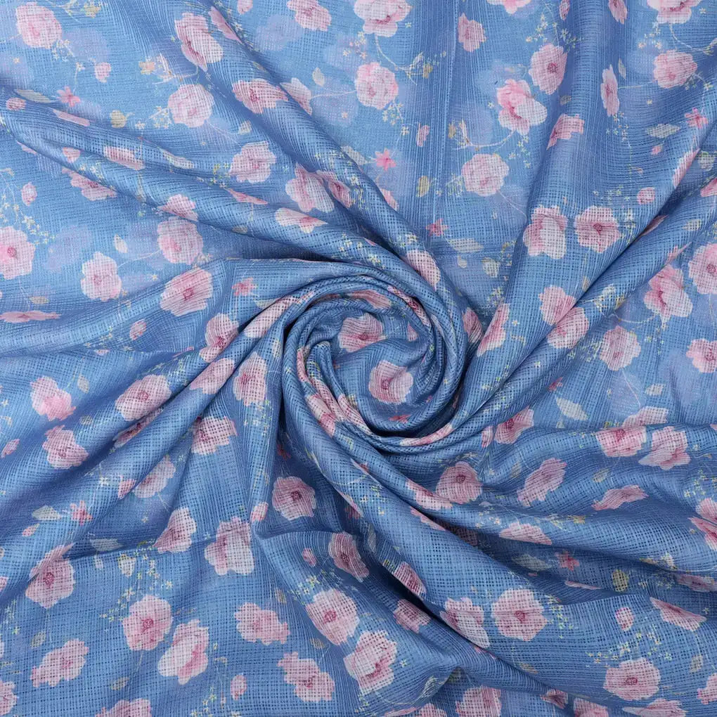 Gorgeous Floral Velly Kota Doria Digital Printed Fabric in Captivating Blue and Peach – 470a0504copy