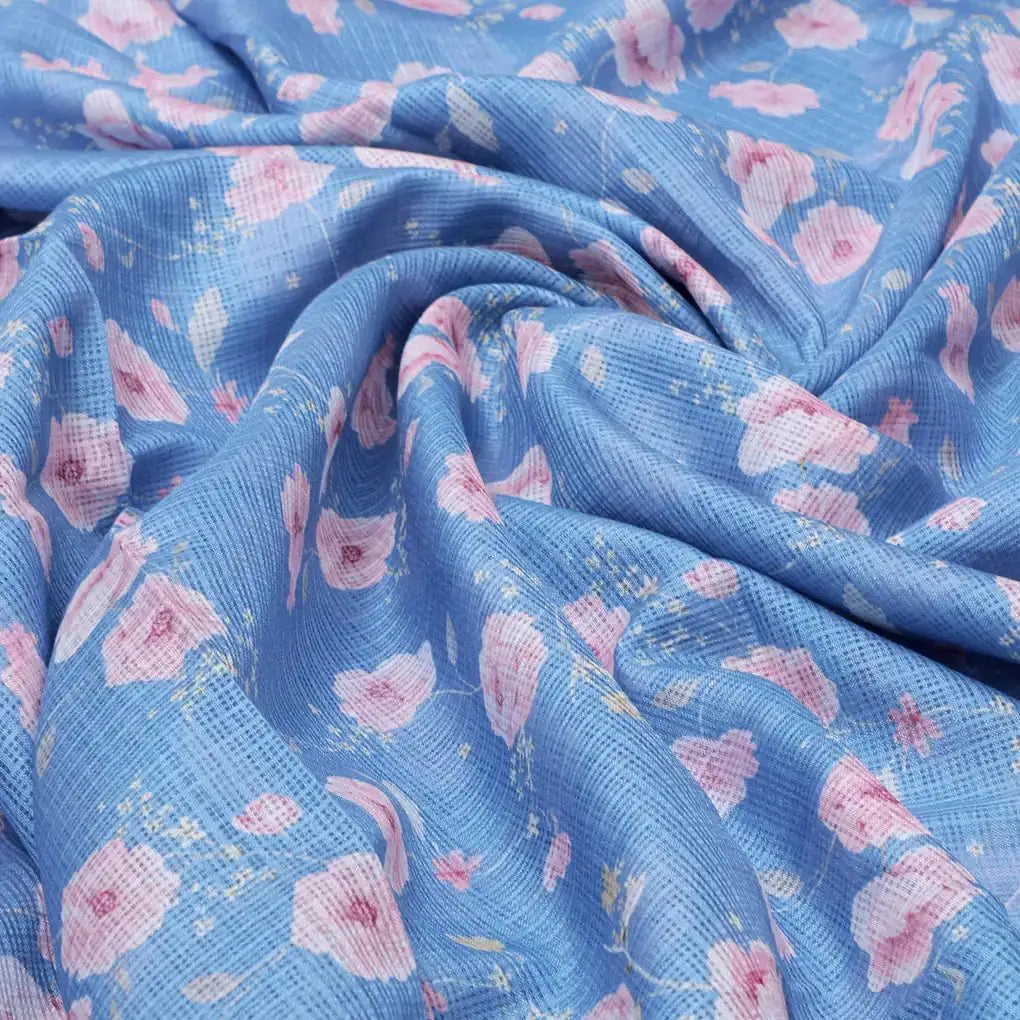 Gorgeous Floral Velly Kota Doria Digital Printed Fabric in Captivating Blue and Peach – 470a0505copy