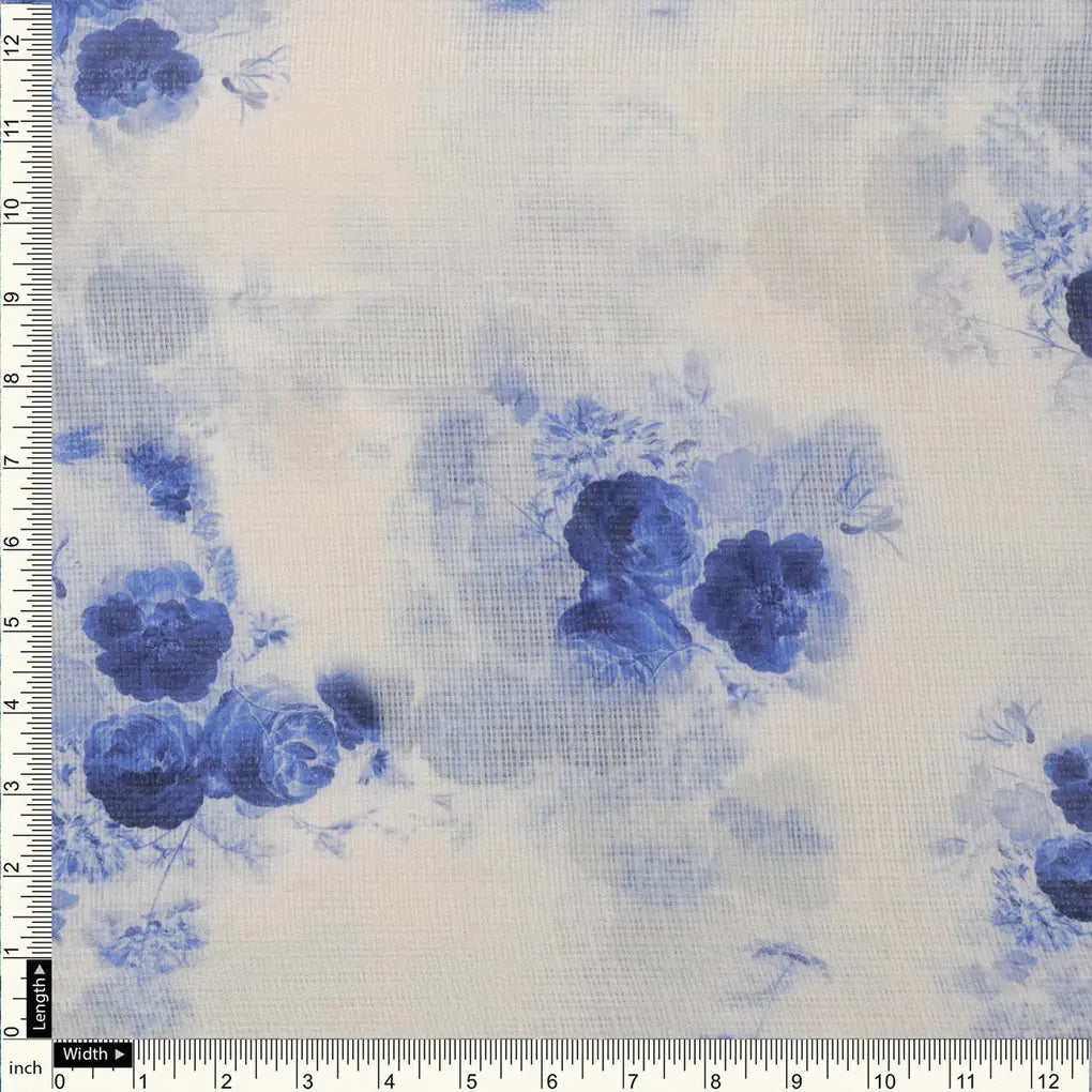 Mesmerizing Blue and Cream Floral Kota Doria Digital Printed Fabric Material – 470a0542copy