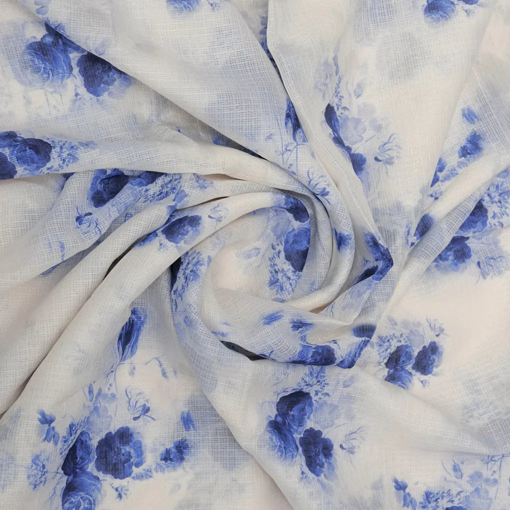 Mesmerizing Blue and Cream Floral Kota Doria Digital Printed Fabric Material – 470a0543copy