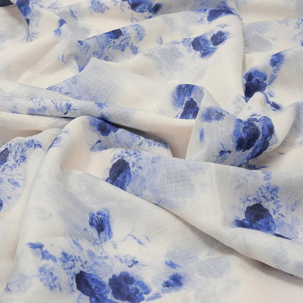 Mesmerizing Blue and Cream Floral Kota Doria Digital Printed Fabric Material – 470a0544copy