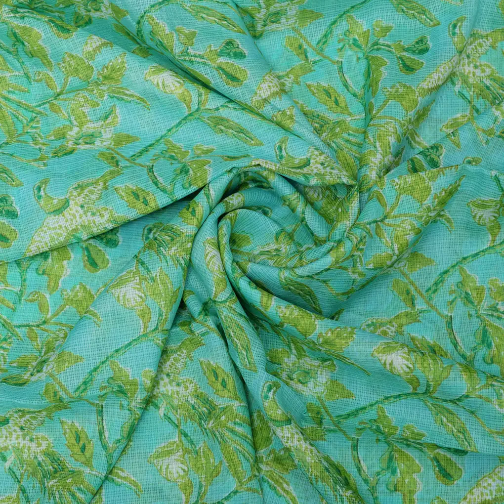 Gorgeous Green and White Bird Print Kota Doria Digital Printed Fabric – 470a0584copy