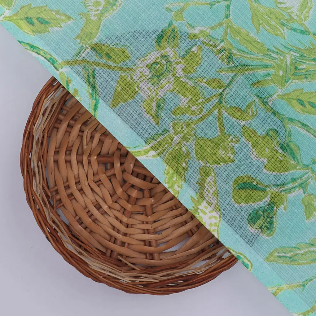 Gorgeous Green and White Bird Print Kota Doria Digital Printed Fabric – 470a0586copy