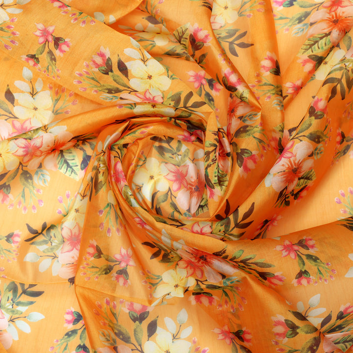 Gorgeous Organza Fabric Material With Vibrant Floral Print in Yellow