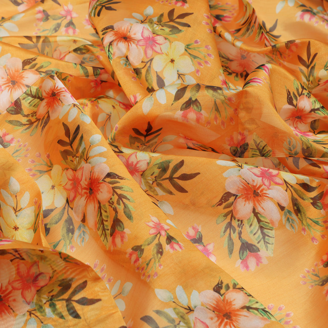 Gorgeous Organza Fabric Material With Vibrant Floral Print in Yellow