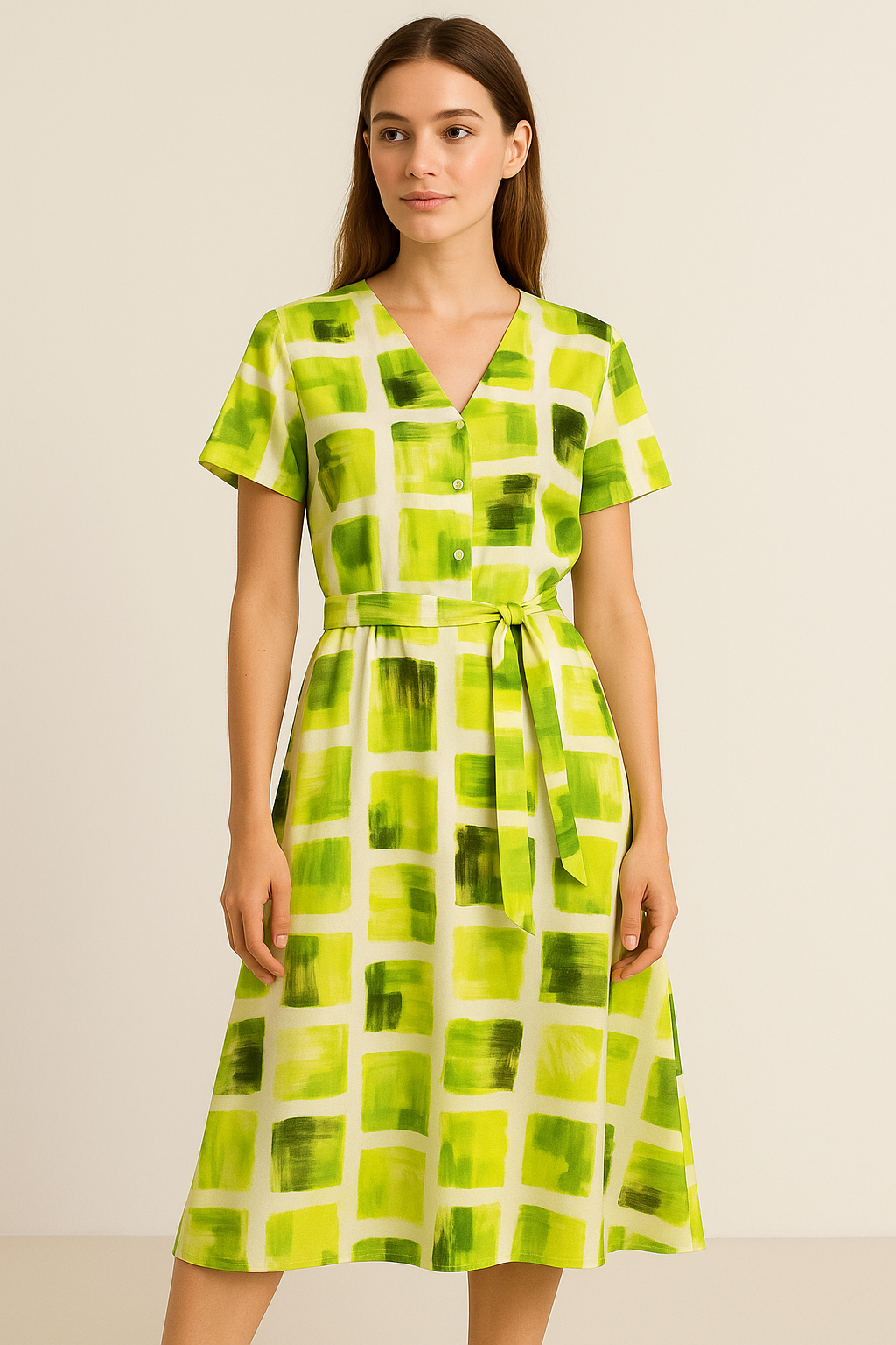 Abstract Green Squares Printed Japan Satin Fabric