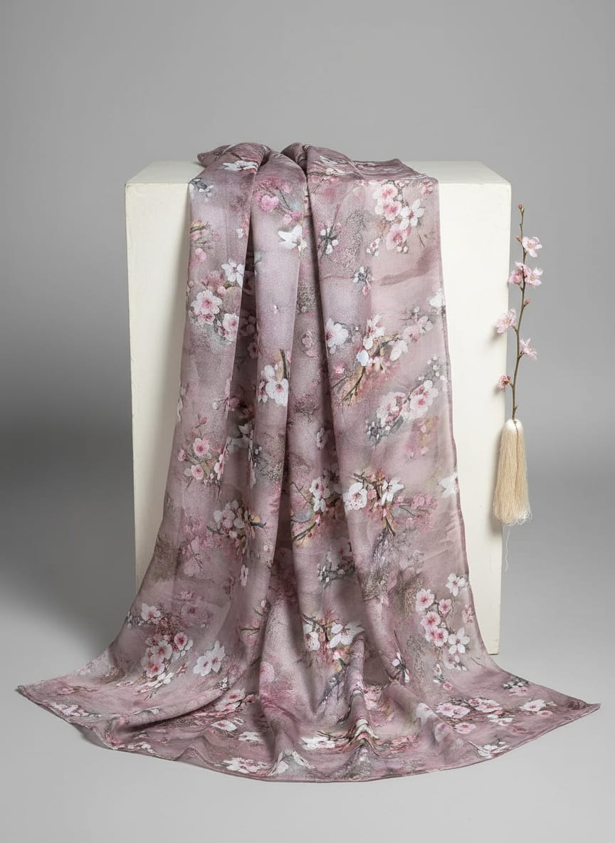 Pink Painterly Cherry Blossom Floral Kota Doria Digital Printed Fabric