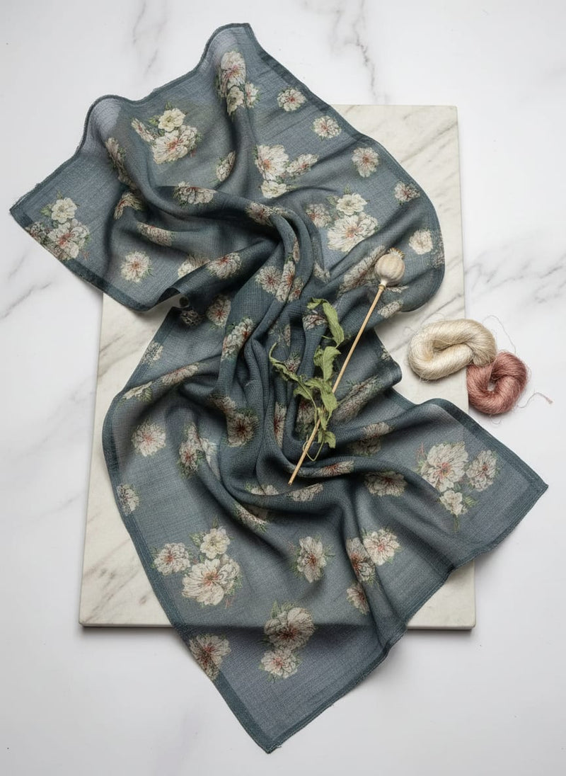 Grey Painterly White Floral Kota Doria Digital Printed Fabric