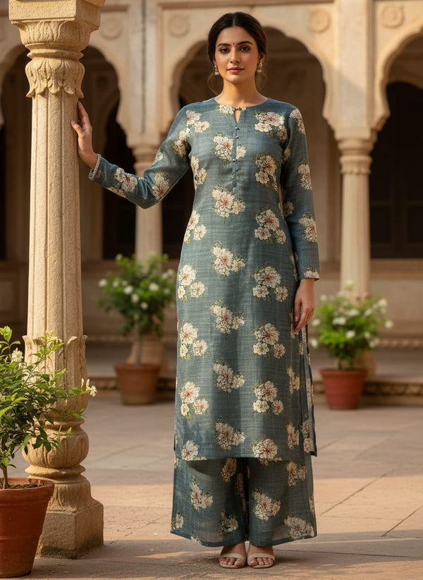 Grey Painterly White Floral Kota Doria Digital Printed Fabric - Straight Kurta with Palazzo Lookbook - KD-0-TA062972-111 - alternate view