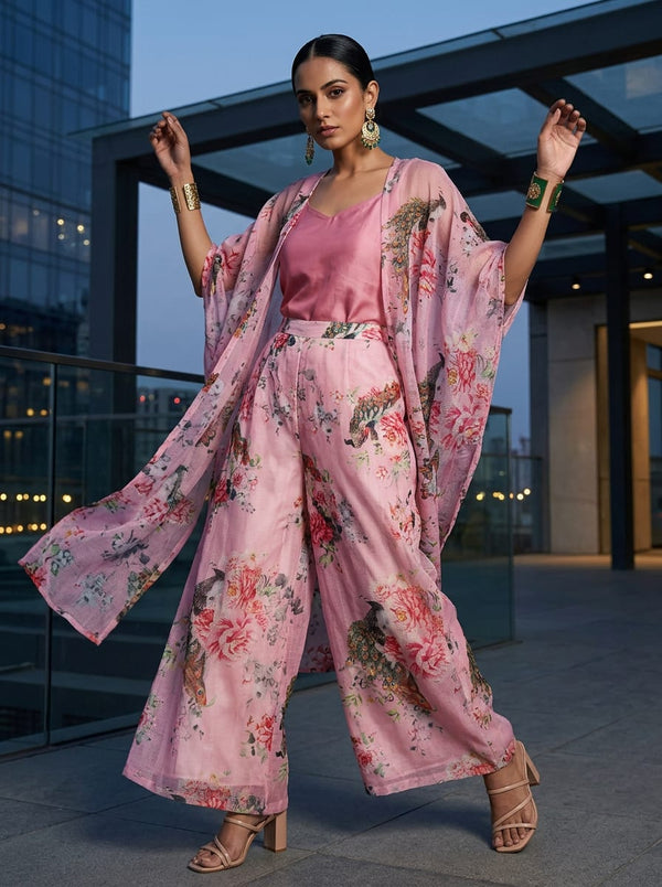 Pink Peacock and Floral Garden Kota Doria Digital Printed Fabric - Cape with Palazzo Lookbook - KD-0-TA064064-111 - alternate view