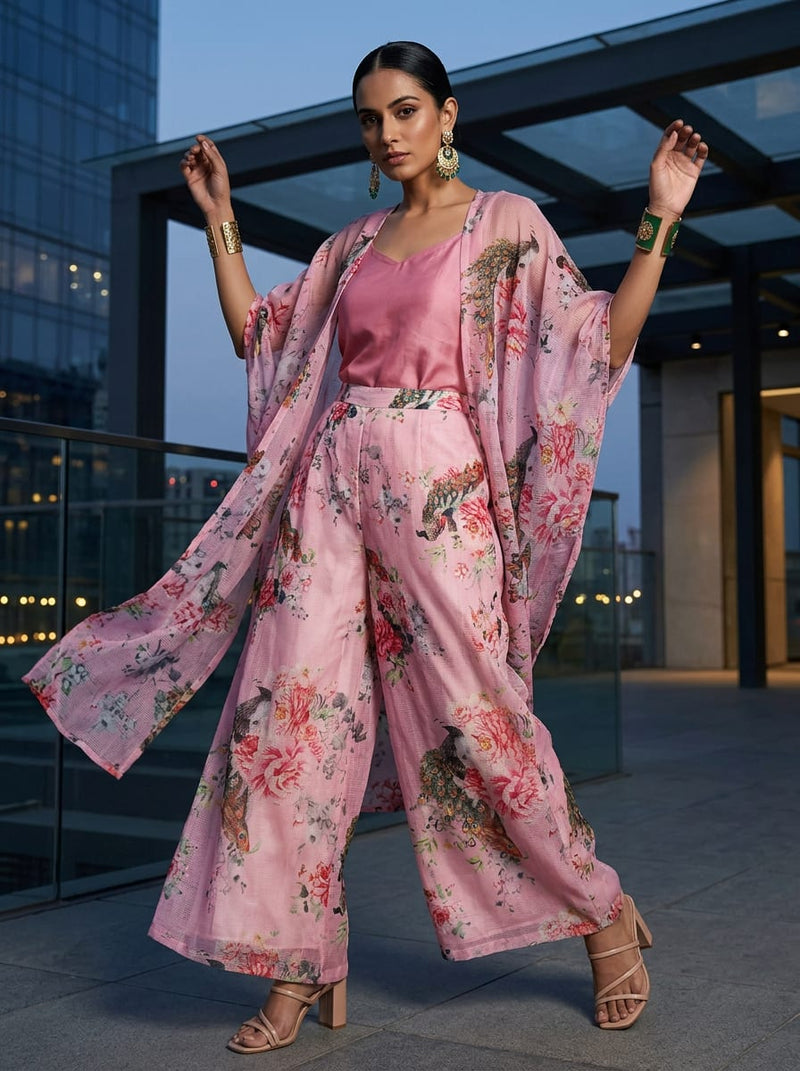 Pink Peacock and Floral Garden Kota Doria Digital Printed Fabric