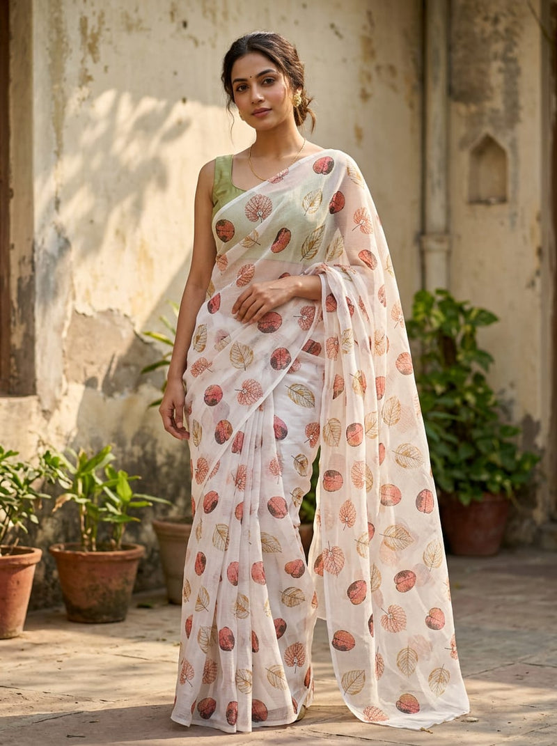 White Scattered Autumnal Leaf Kota Doria Digital Printed Fabric