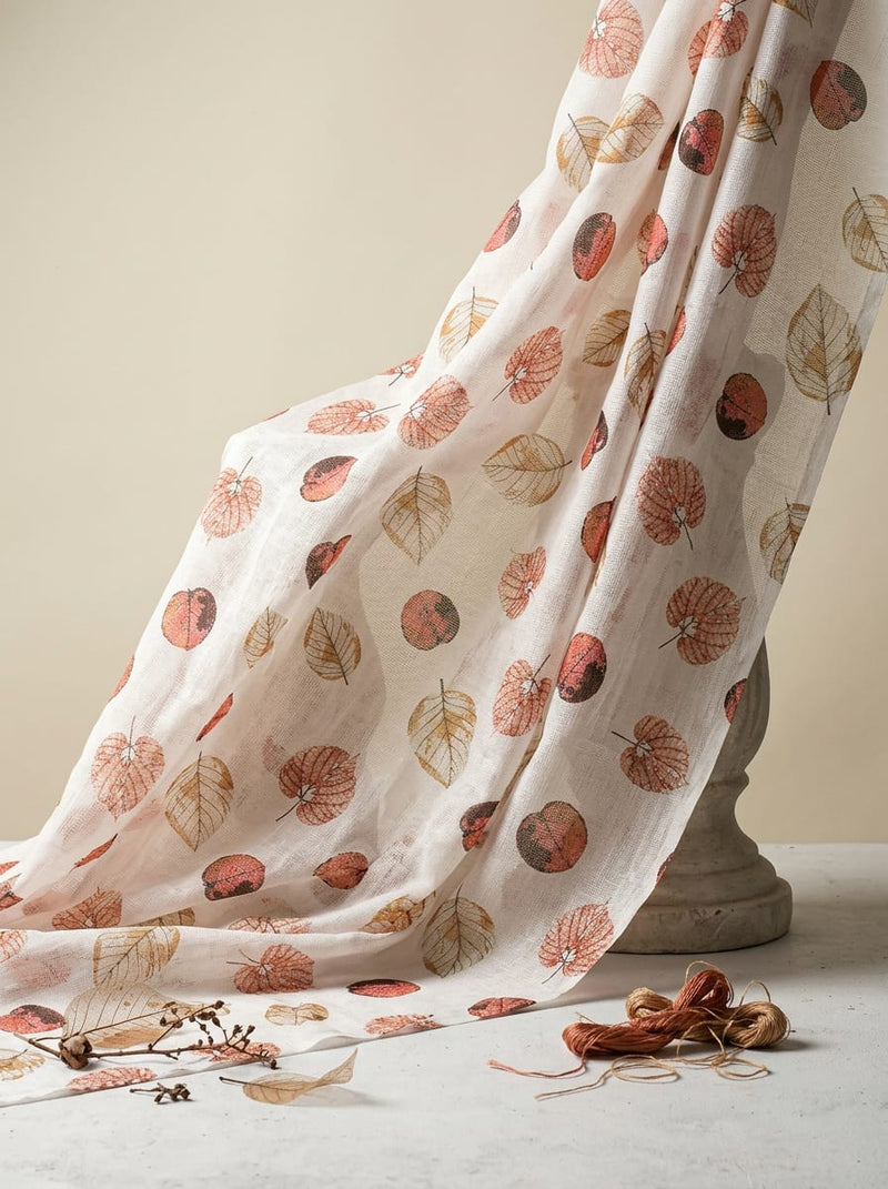 White Scattered Autumnal Leaf Kota Doria Digital Printed Fabric