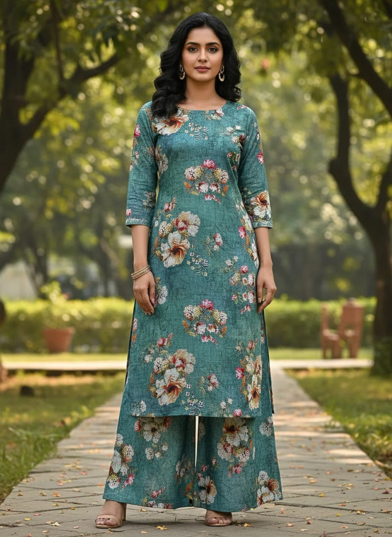 Teal Vintage Painterly Floral Kota Doria Digital Printed Fabric