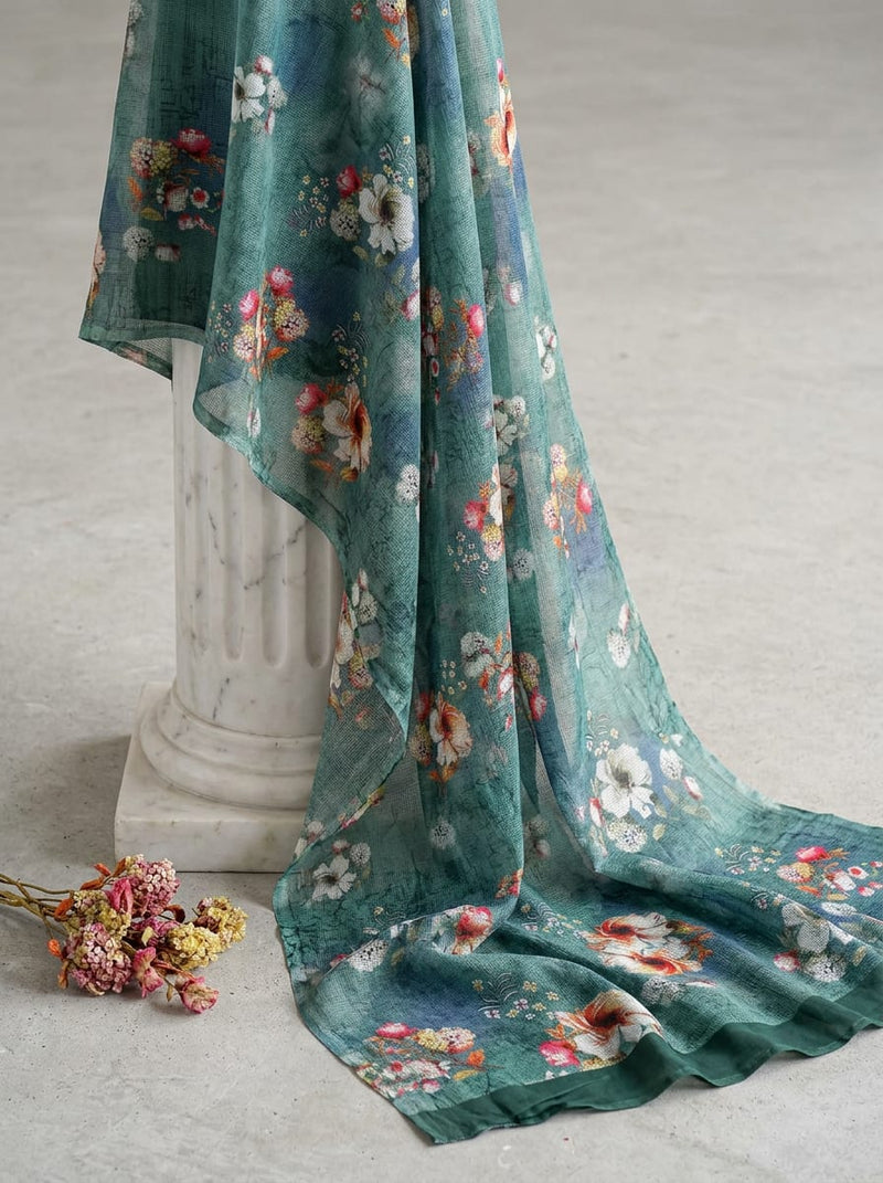 Teal Vintage Painterly Floral Kota Doria Digital Printed Fabric