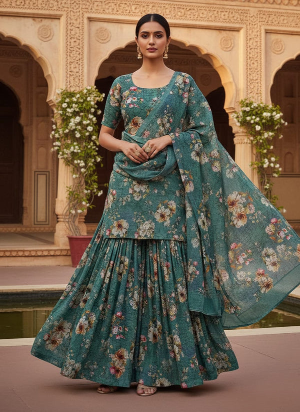 Teal Vintage Painterly Floral Kota Doria Digital Printed Fabric - Gharara Set Lookbook - KD-0-TA062620-111 - alternate view