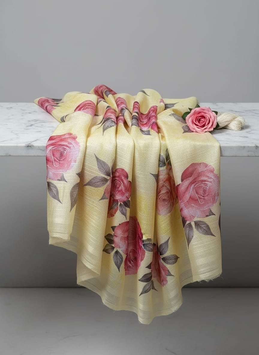 Flowers Laying Over Yellow Base Digital Printed Kota Doria Fabric