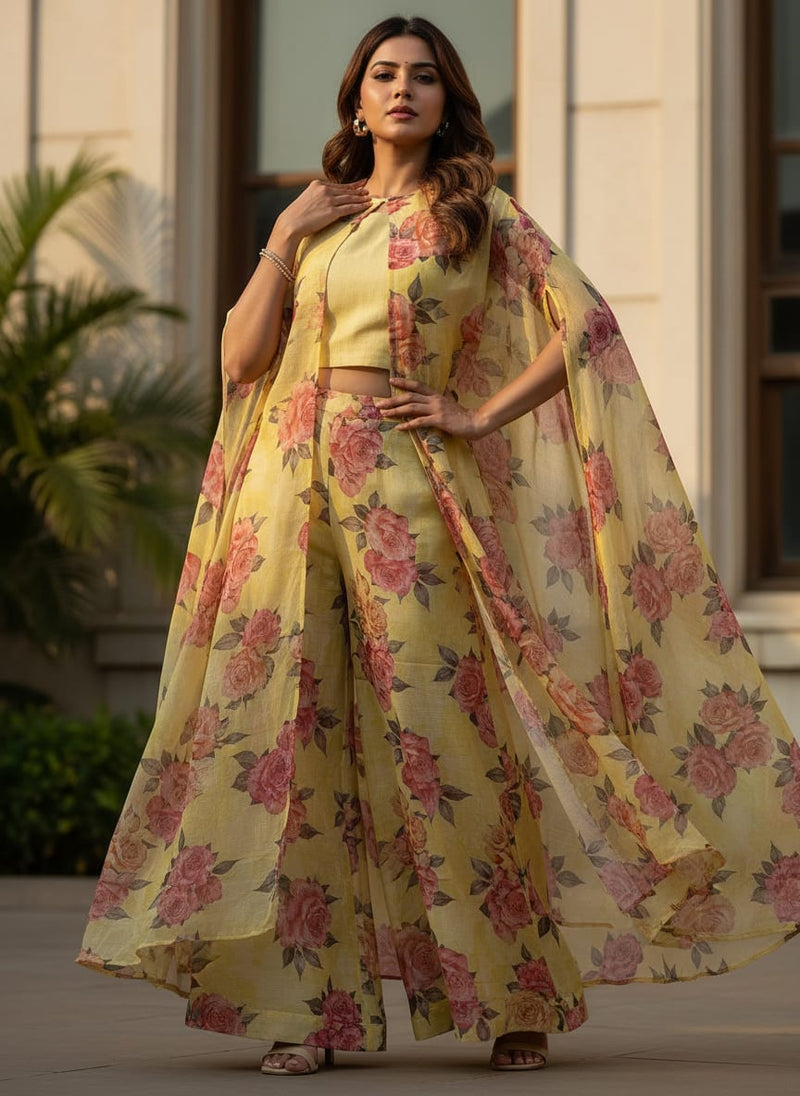 Yellow Classic Rose Floral Print Kota Doria Digital Printed Fabric
