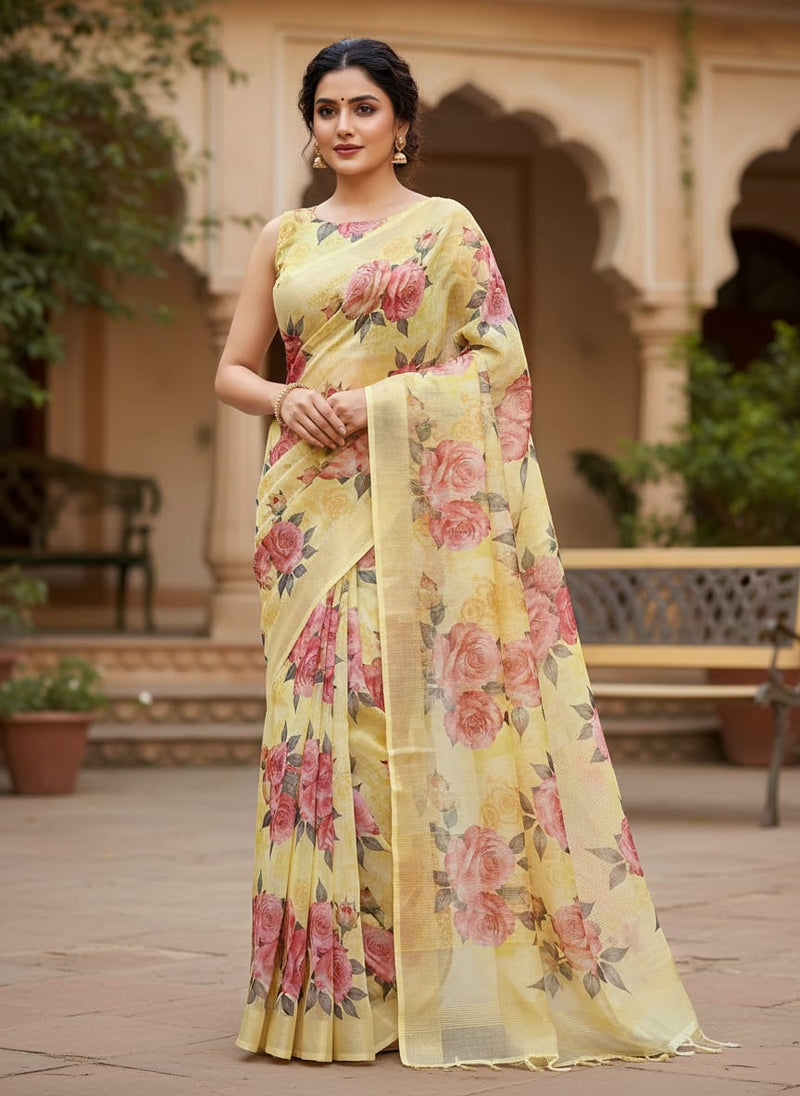 Yellow Classic Rose Floral Print Kota Doria Digital Printed Fabric