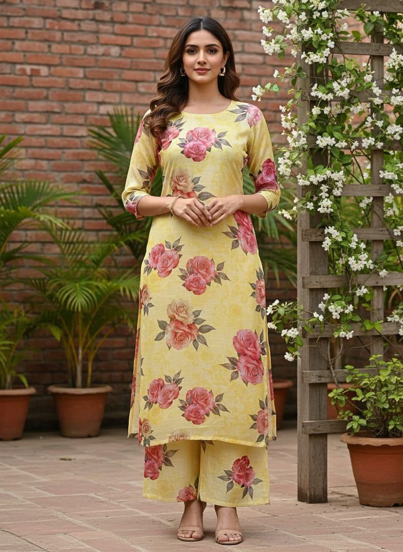 Yellow Classic Rose Floral Print Kota Doria Digital Printed Fabric