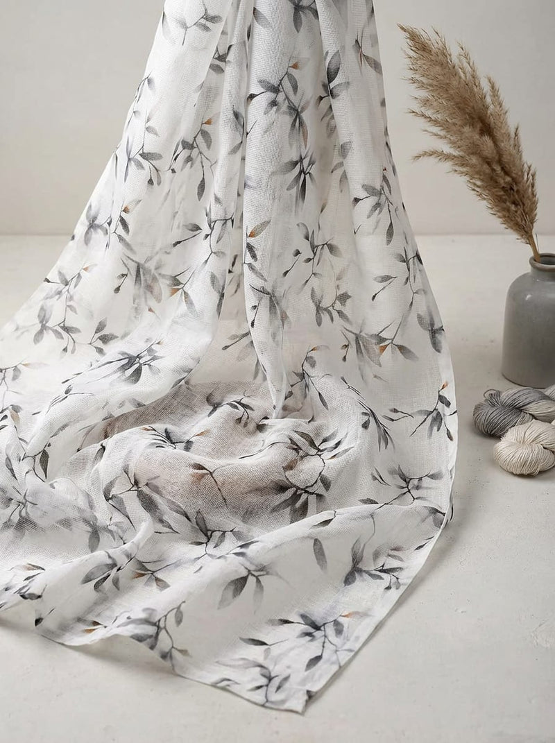 White Grey Botanical Leaf Print Kota Doria Digital Printed Fabric