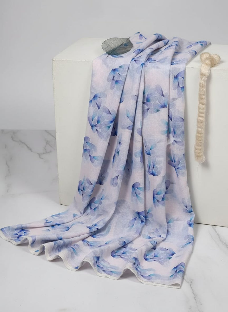 Blue Abstract Watercolor Petals Kota Doria Digital Printed Fabric